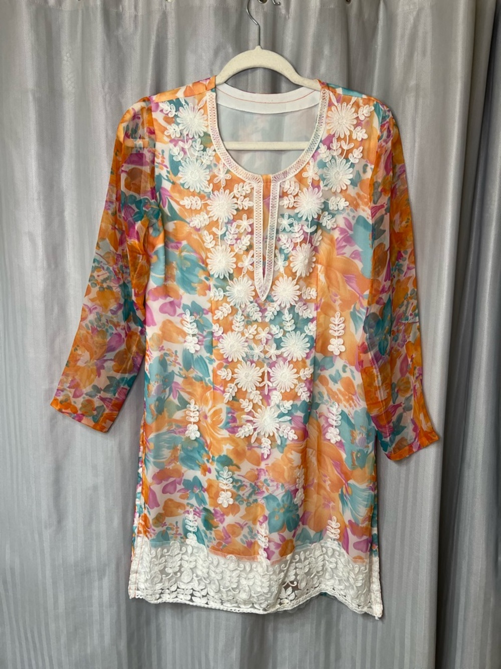 Floral Sheer Embroidered Tunic in Orange & Teal & white lace size Medium